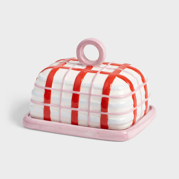 Pink Plaid Butter Dish